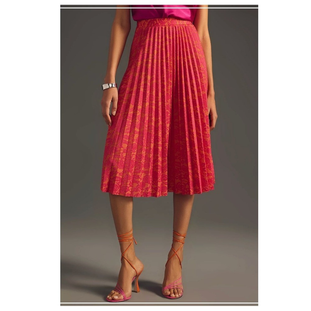 Anthropologie Maeve Pleated Midi Skirt XS Pink Orange‎ Boho EUC